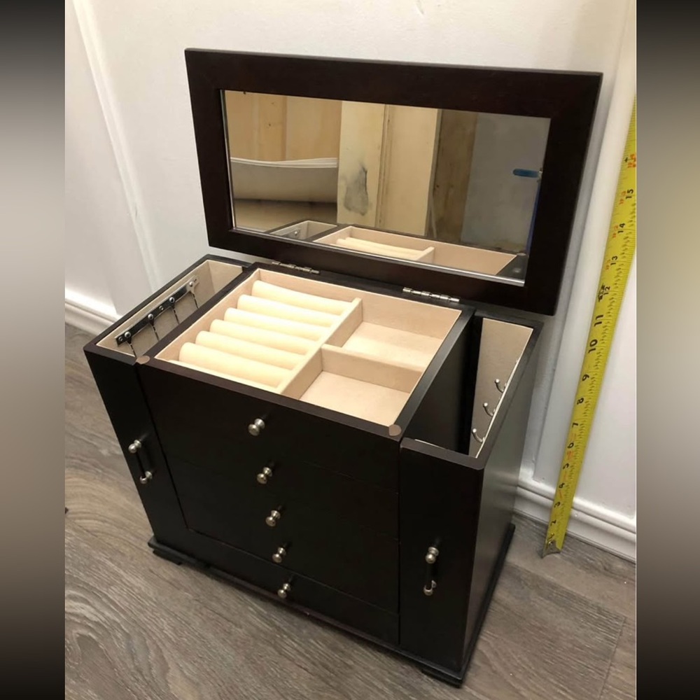 Dark Brown Wooden Jewelry Box with Mirror - Picture 4 of 7